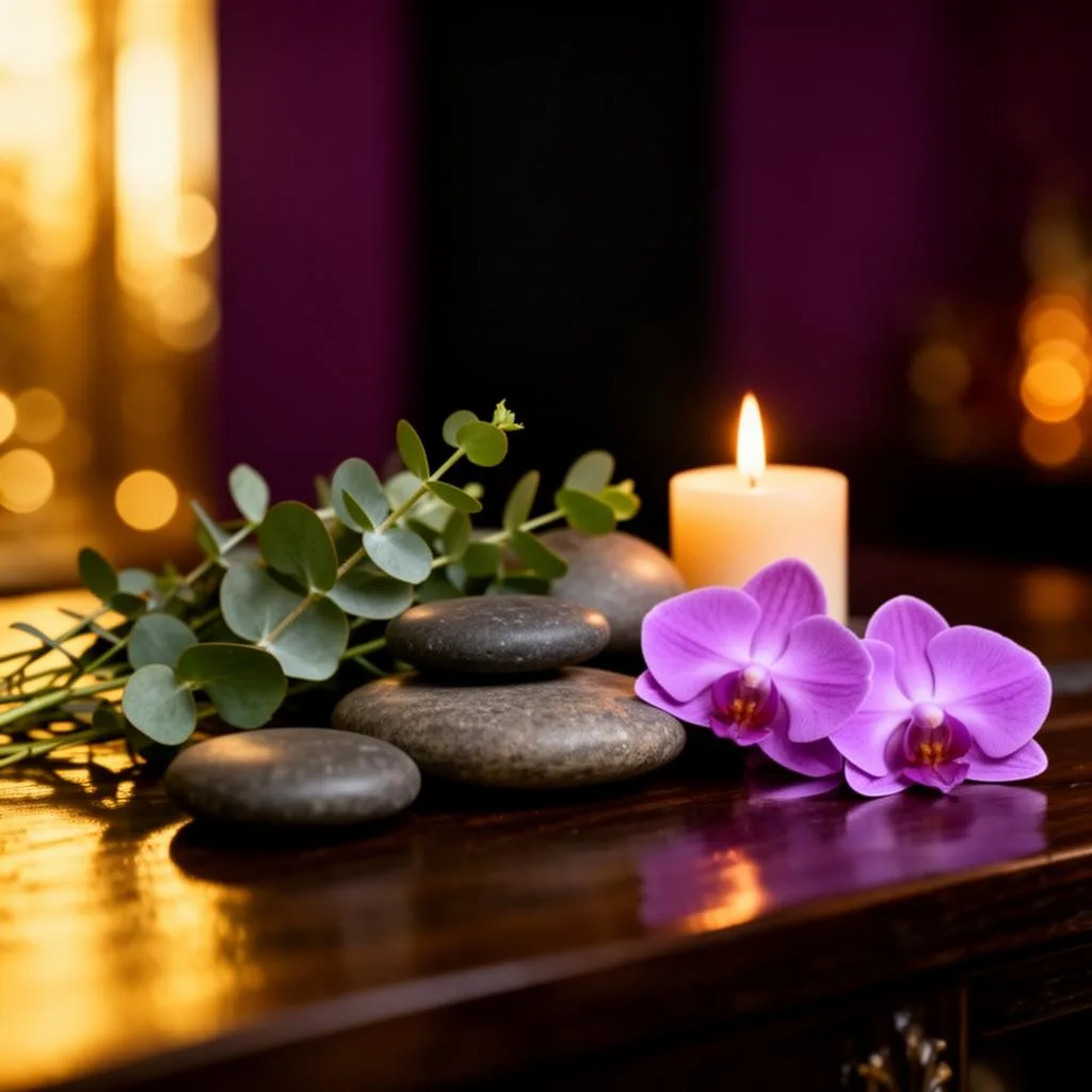 Serene wellness spa atmosphere with candles, eucalyptus, and orchids