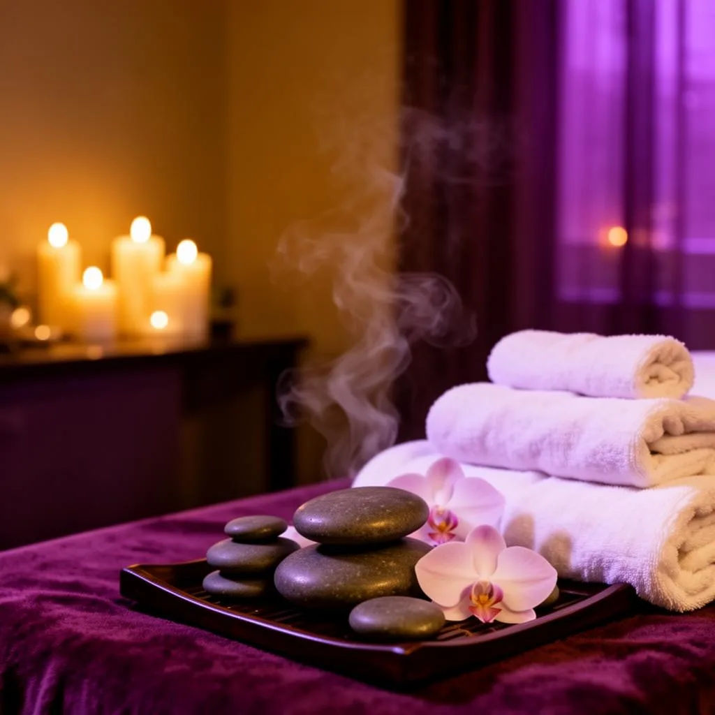 Serene spa therapy room with candlelight and orchids
