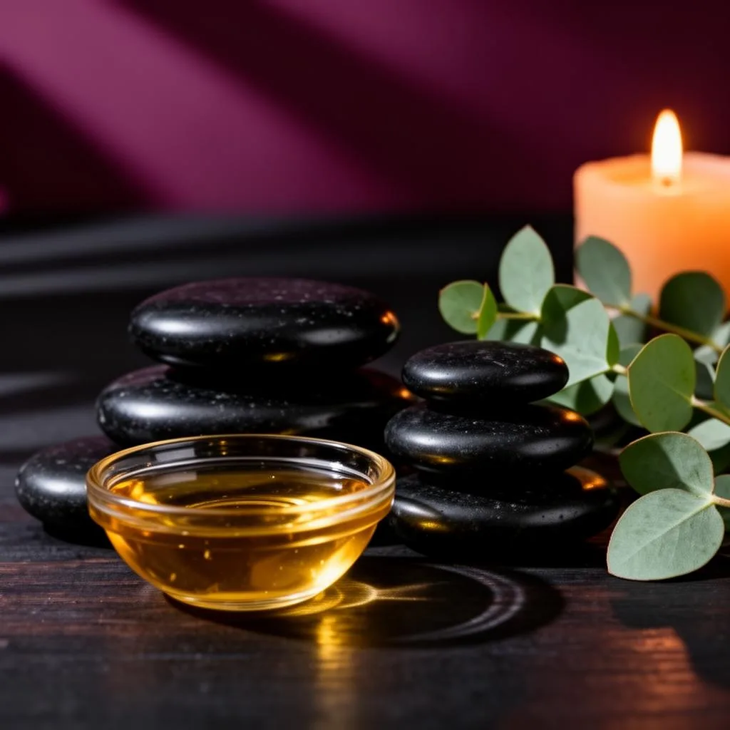 Smooth massage stones with golden oil and eucalyptus